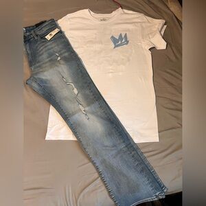 Mens denim distressed jeans and Tshirt